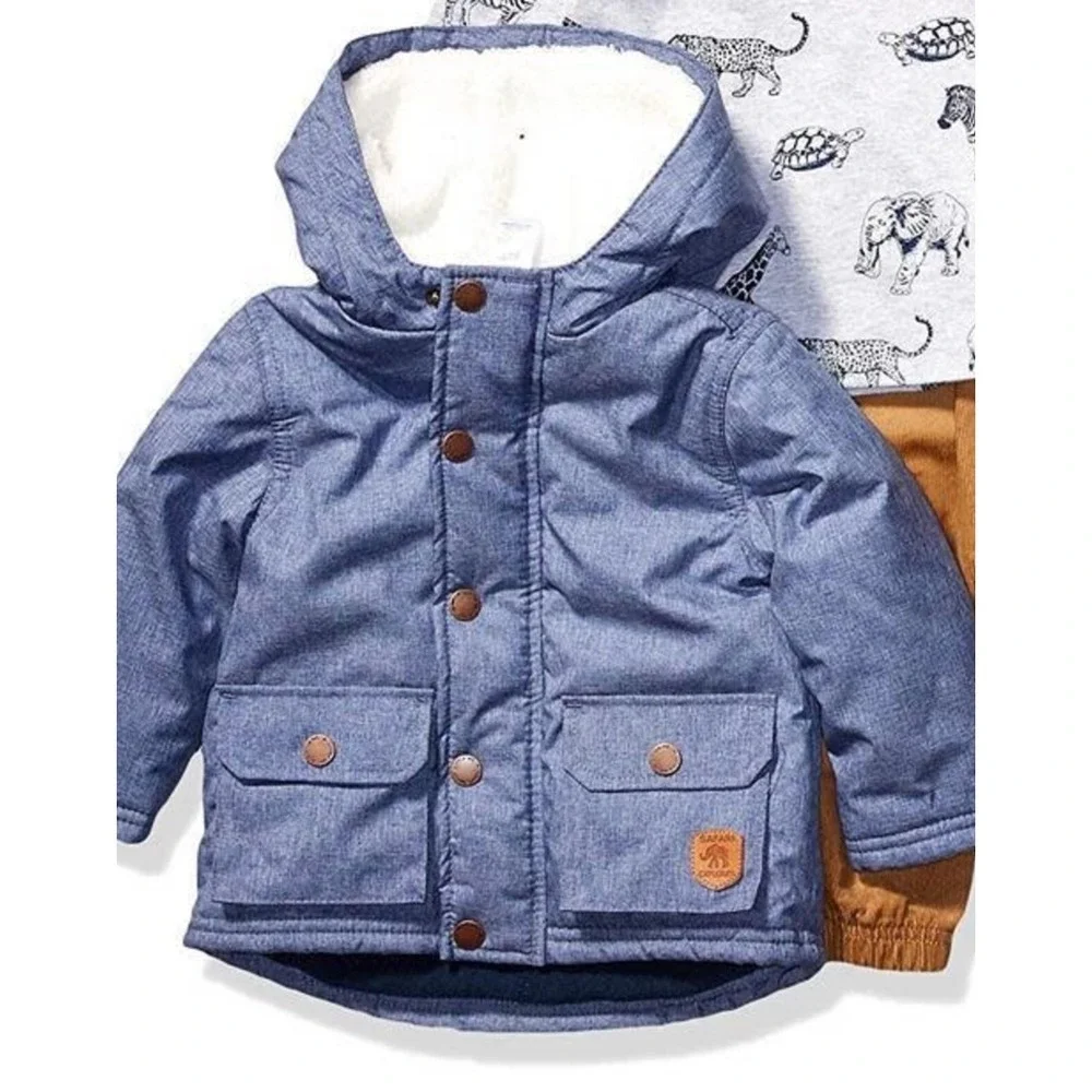 Baby Little Me Two Tone Blue Hooded Jacket Dinosaur Patch‎ size 12M